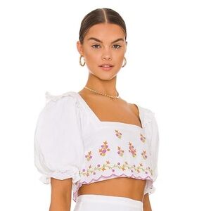 MAJORELLE “Wesley” White Ivory Linen Crop Top with Pastel Embroidered Floral